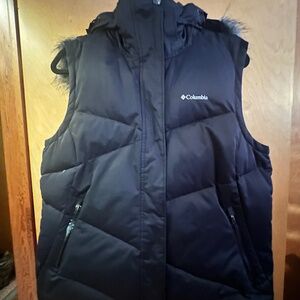 COLUMBIA OMNI HEAT WOMEN XS BLACK PUFFER DOWN VEST/JACKET FAUX FUR HOOD